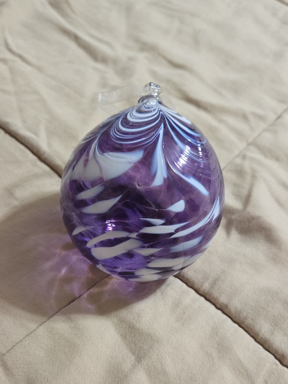 Signed Handblown Purple and White Swirl Glass Ornament